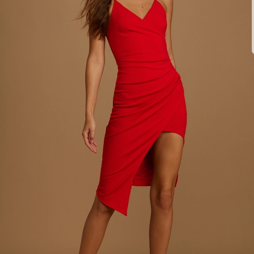 Lulu's Ruched Midi Slit Dress- WINE